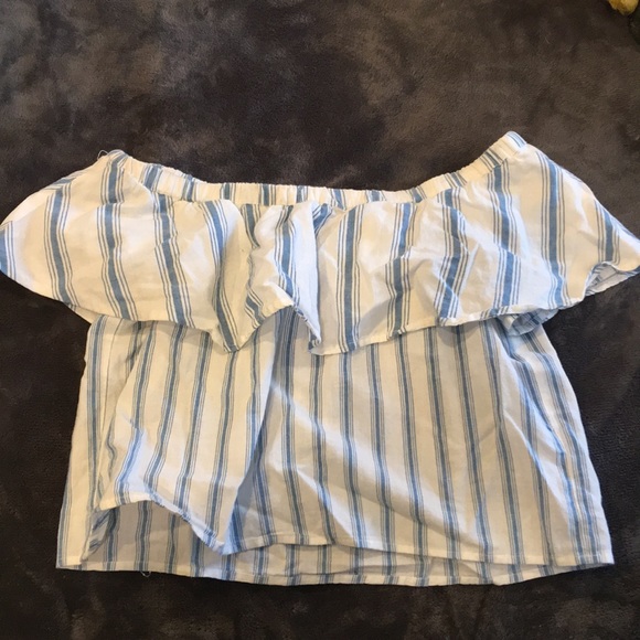 Topshop Blue + White Stripe Off the Shoulder Top - Picture 1 of 3